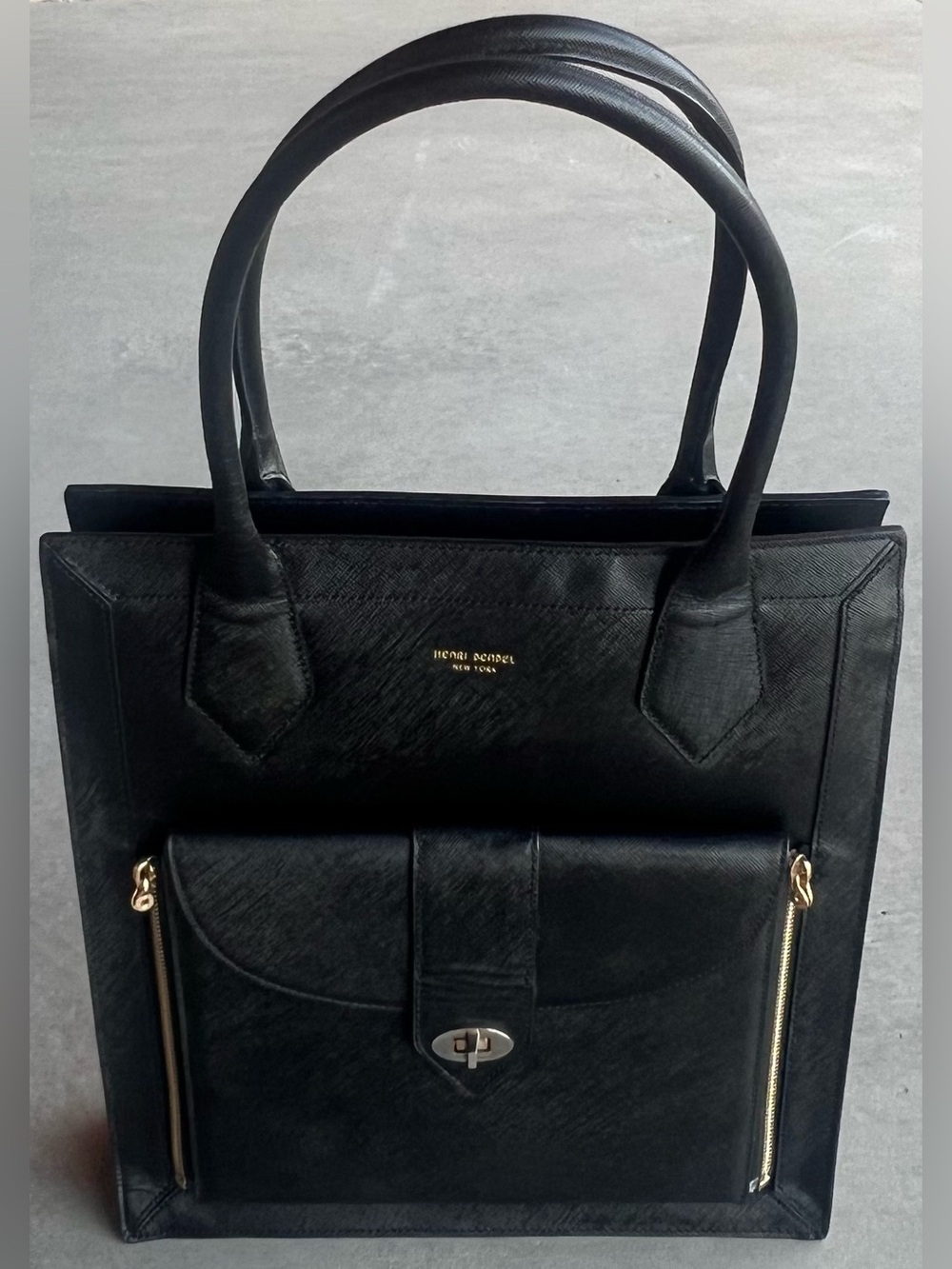 Henri Bendel West 57th Magazine Tote Black Saffiano Leather with Tech Bag Pouch